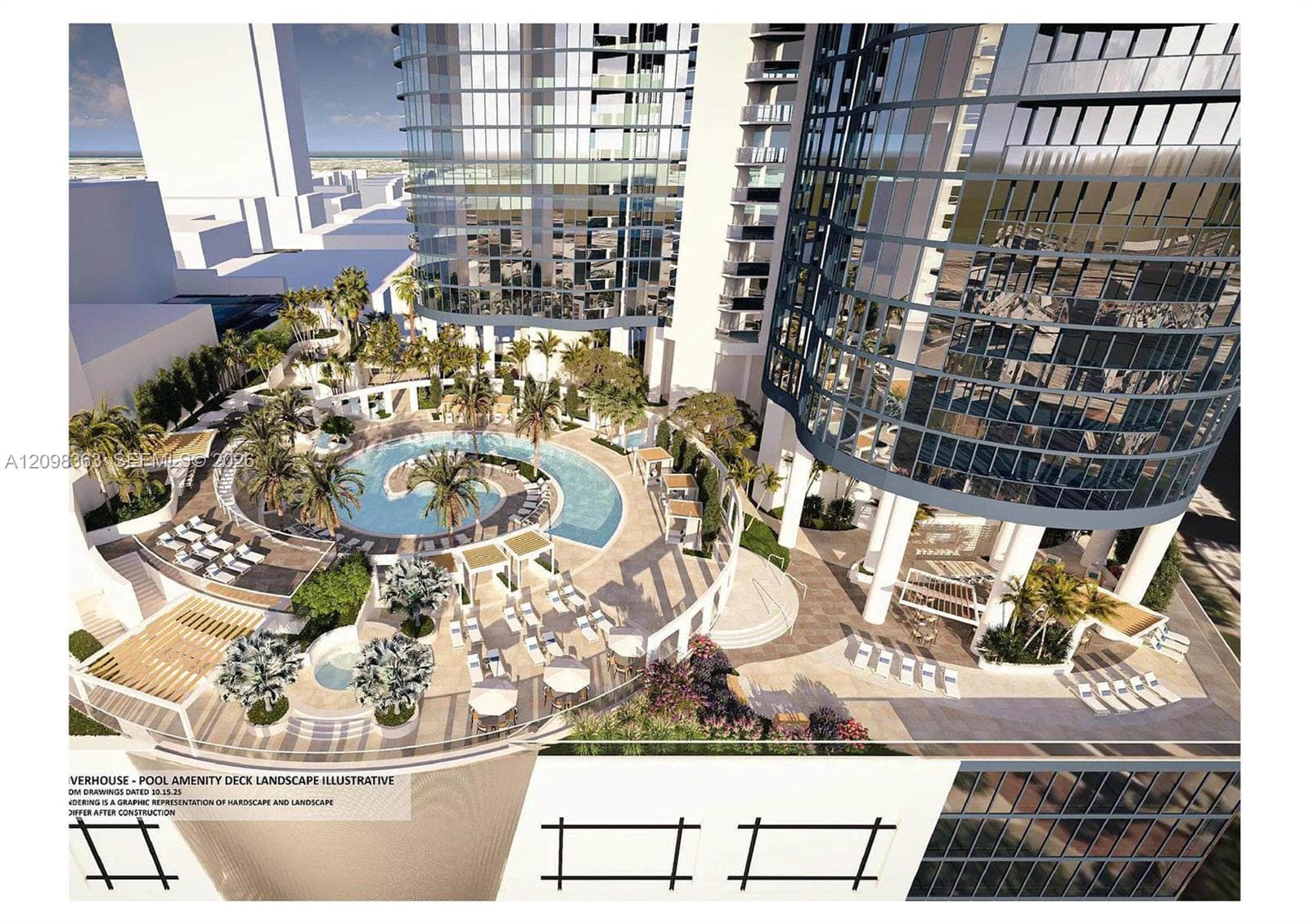 Outdoor amenity deck featuring a curved swimming pool, spa, multi-level hardscaping, and integrated palm tree landscaping