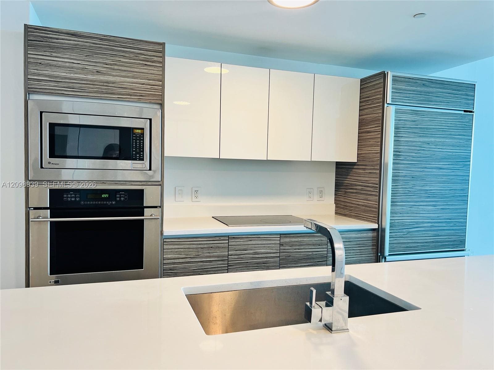 Modern kitchen featuring integrated stainless steel appliances, a built-in microwave and oven, a sleek induction cooktop, and a stainless steel sink with a contemporary faucet