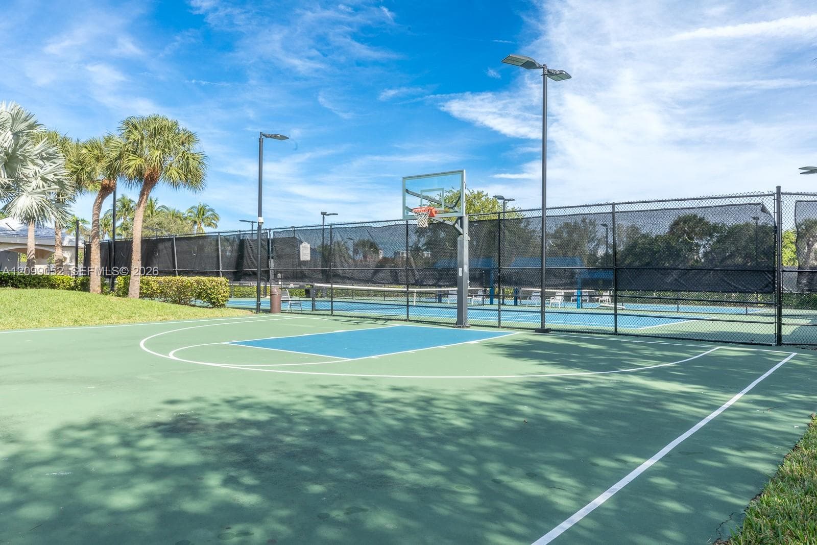 Multi-sport hardcourt featuring a basketball hoop, perimeter chain-link fencing with privacy screens, and integrated high-mast lighting