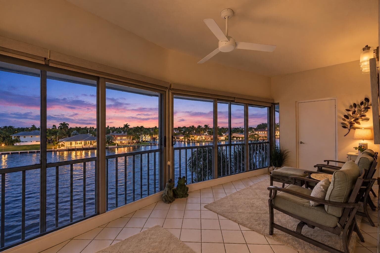 Cozy Waterfront Sunroom at Blue Hour