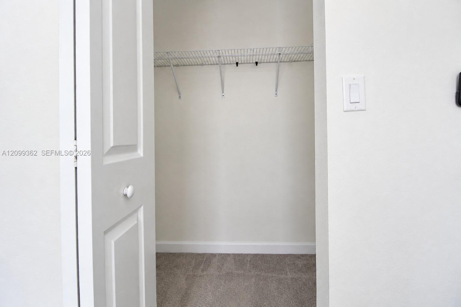 Storage space featuring a two-panel interior door, wall-mounted wire shelving, and carpeting