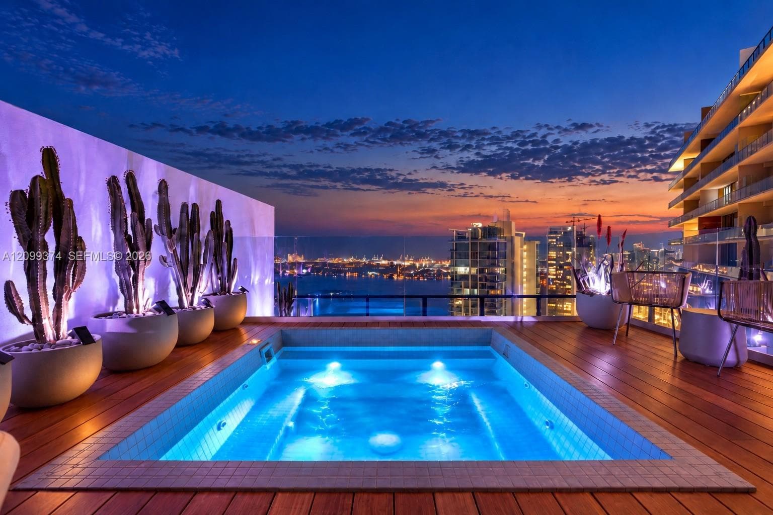 Rooftop Jacuzzi and skyline views at twilight