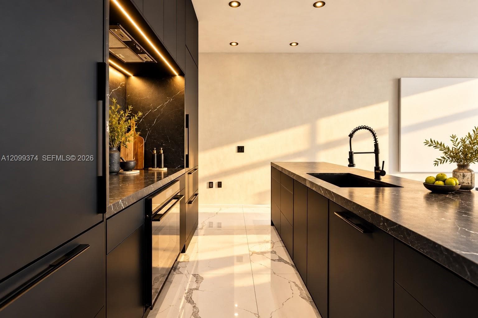 Sleek custom kitchen with stone island and concealed appliances