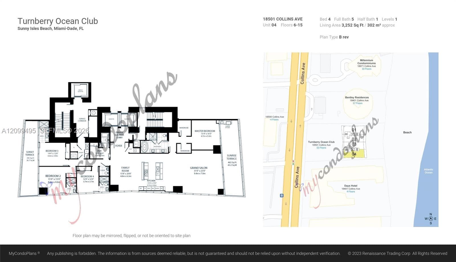 1404 Flow through floor Plan. Sunset and Sunrise terraces with direct Ocean and Intracoastal views.