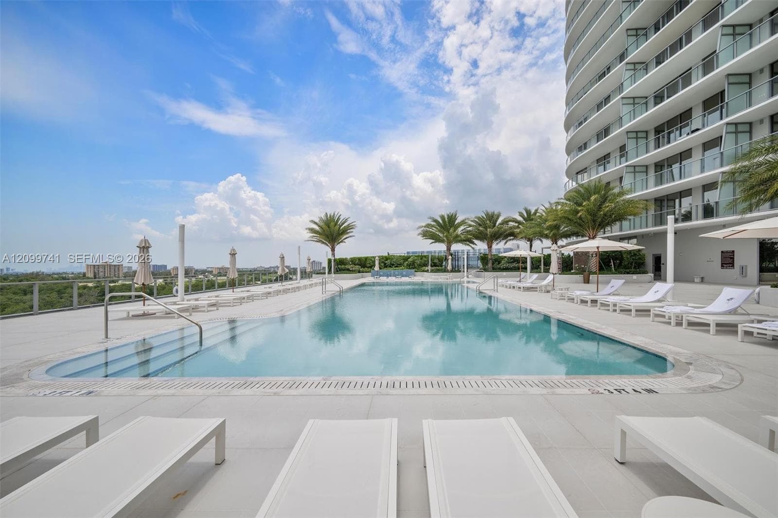 Outdoor swimming pool featuring a concrete deck, built-in entry steps, perimeter landscaping with mature palms, and metal railings