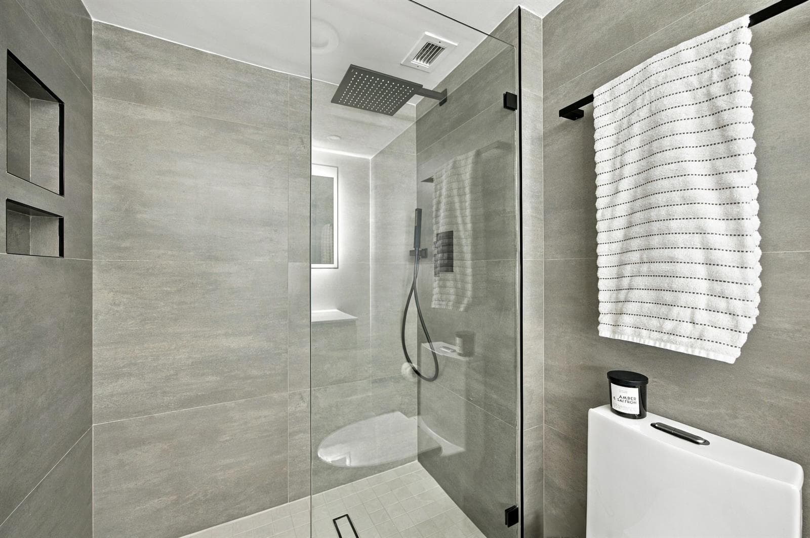 bathroom shower view with niches