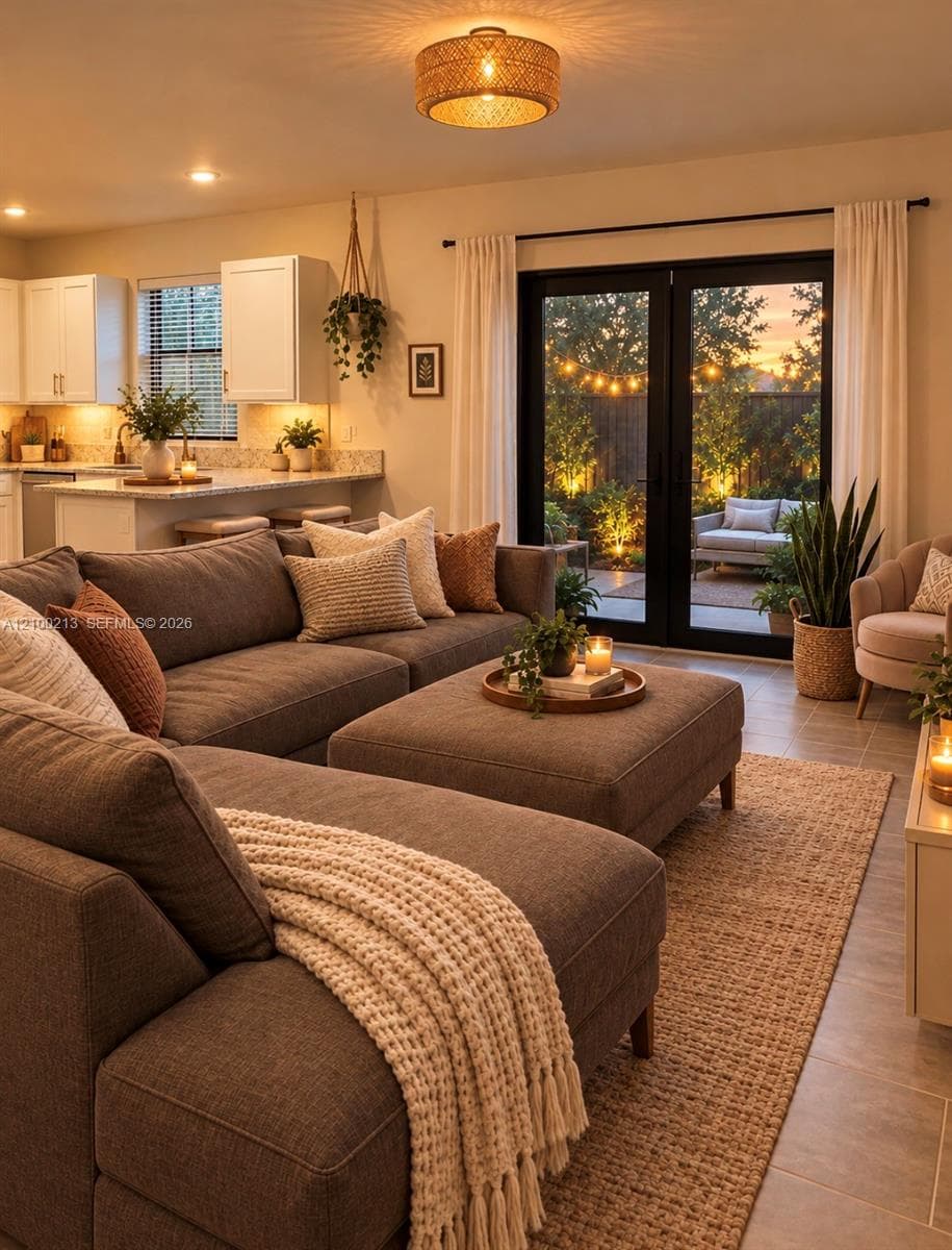 Open-concept kitchen and living area featuring white cabinetry, stone-finish countertops, tile flooring, and double glass doors opening to a patio