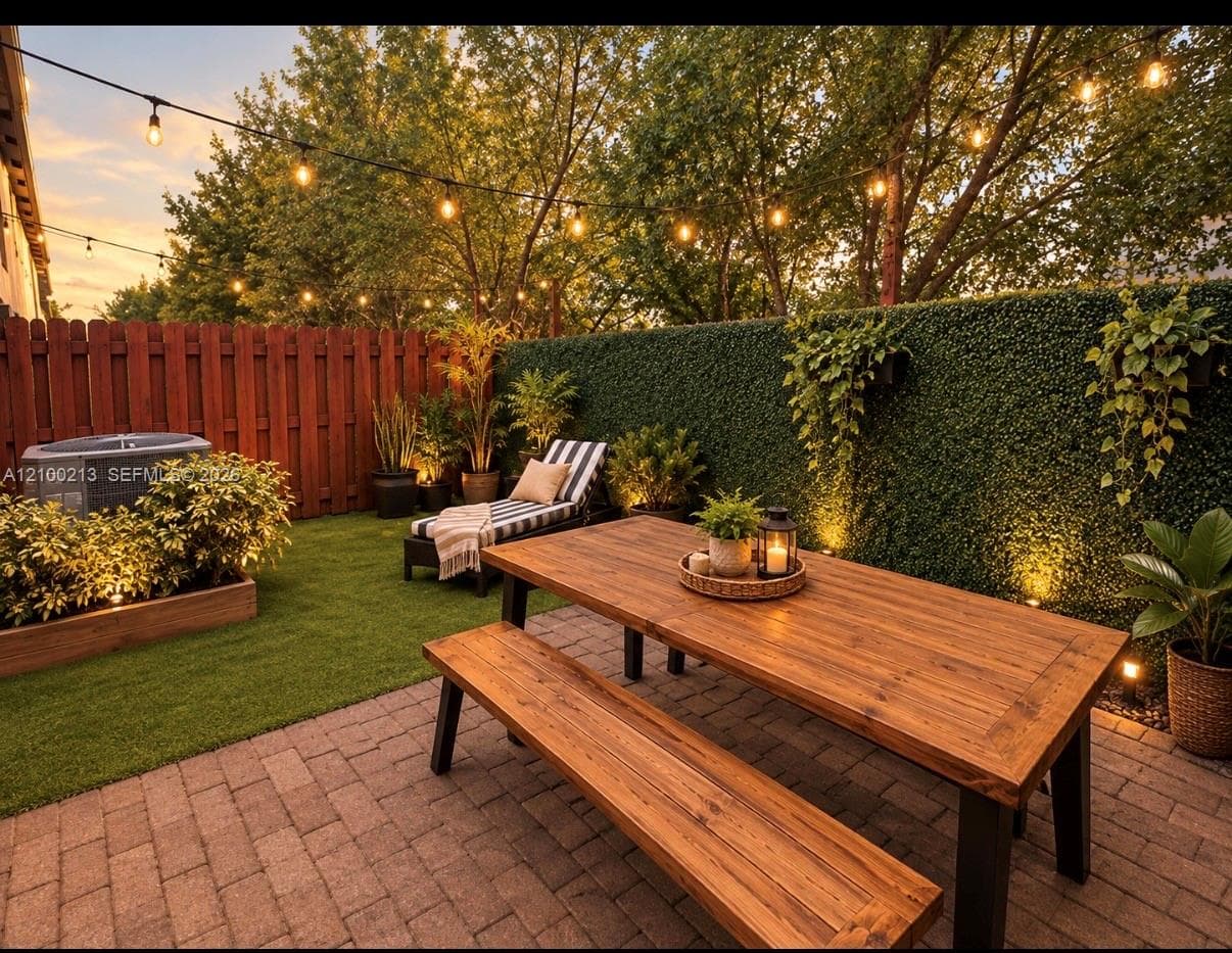 Backyard featuring a paved brick patio, synthetic lawn, wood-toned fencing, integrated foliage wall, and overhead string lighting