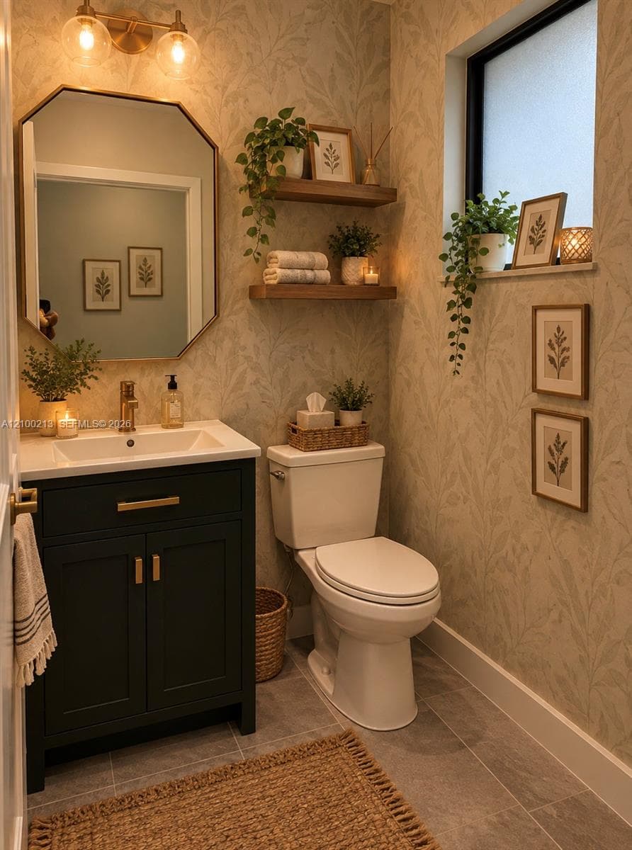 Dark-toned vanity with brass hardware, integrated sink, gold-framed hexagonal wall mirror, dual-light brass vanity fixture, and dual floating wood shelving