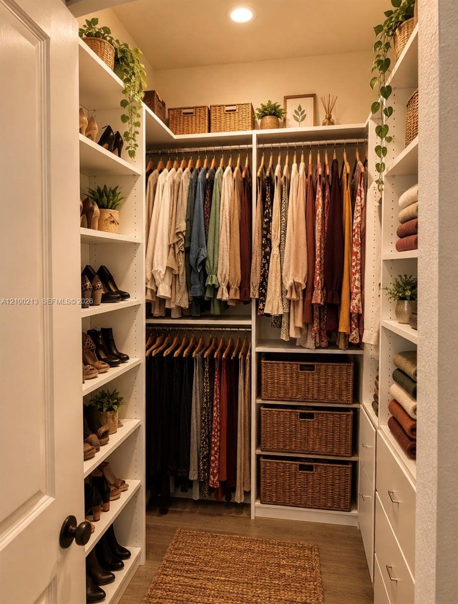 Walk-in closet featuring floor-to-ceiling custom built-in shelving, multi-level hanging rods, integrated storage drawers, and wood-finish flooring