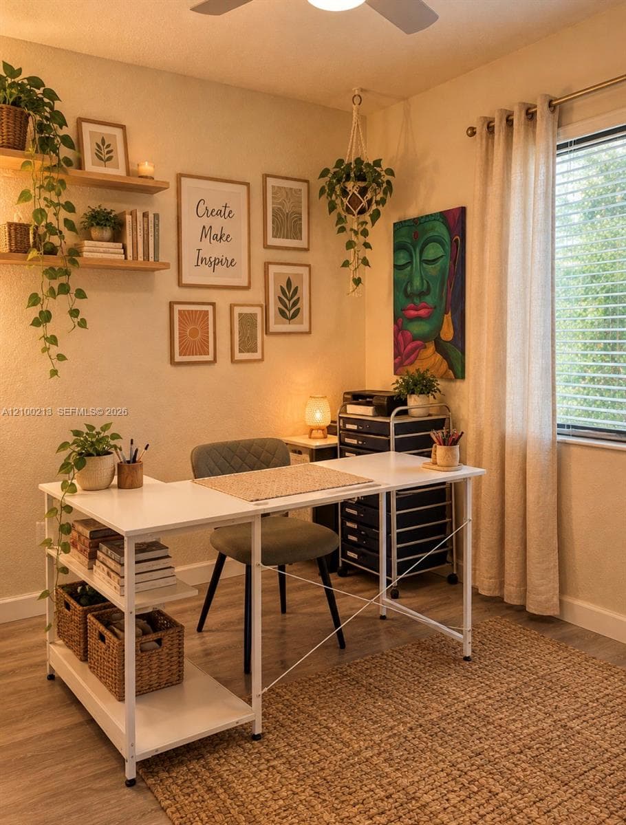 Wall-mounted wooden shelving, light wood-finish flooring, and a window with horizontal blinds