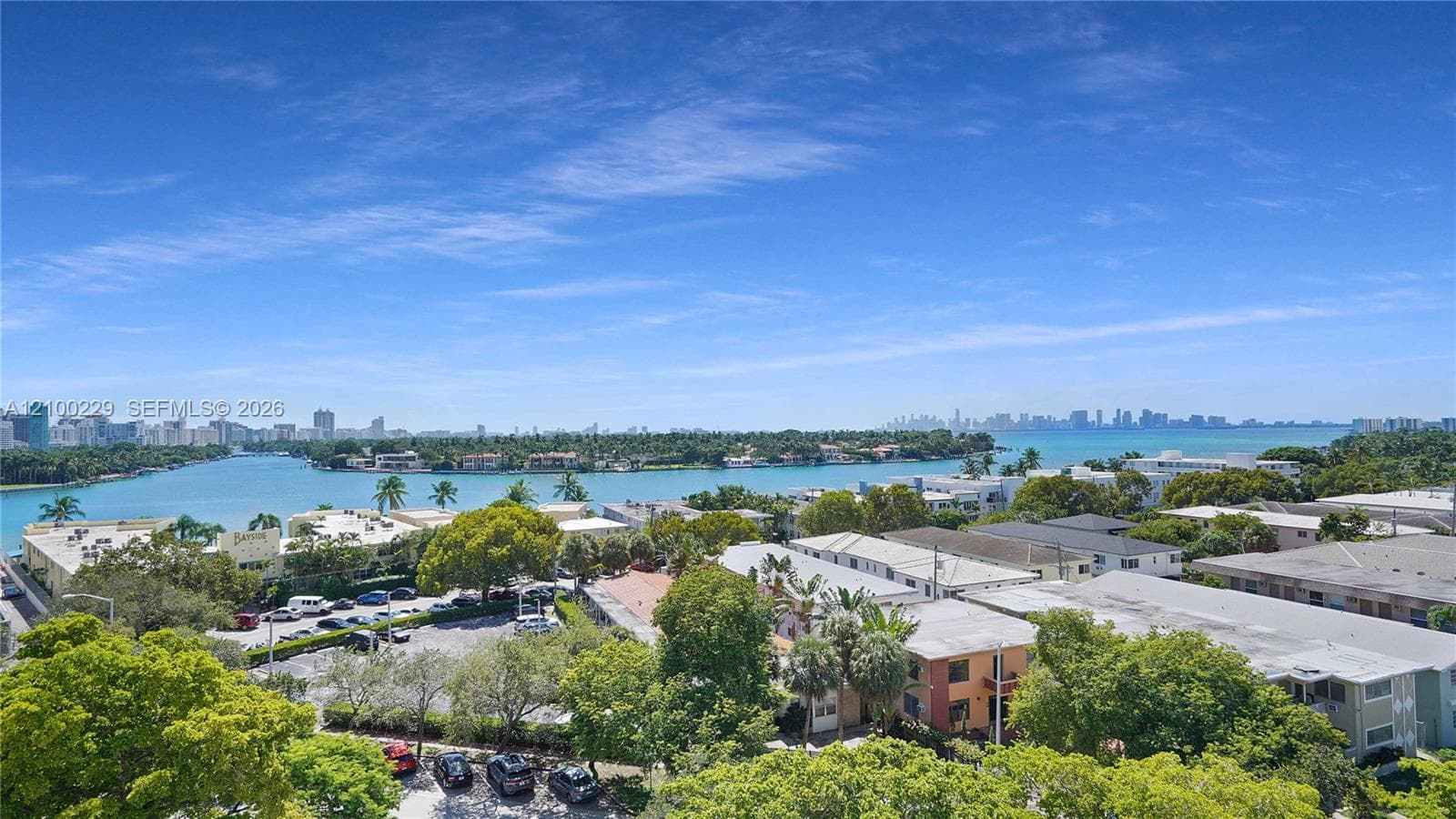 Elevated coastal perspective featuring expansive water frontage, mature tropical trees, and a metropolitan skyline backdrop