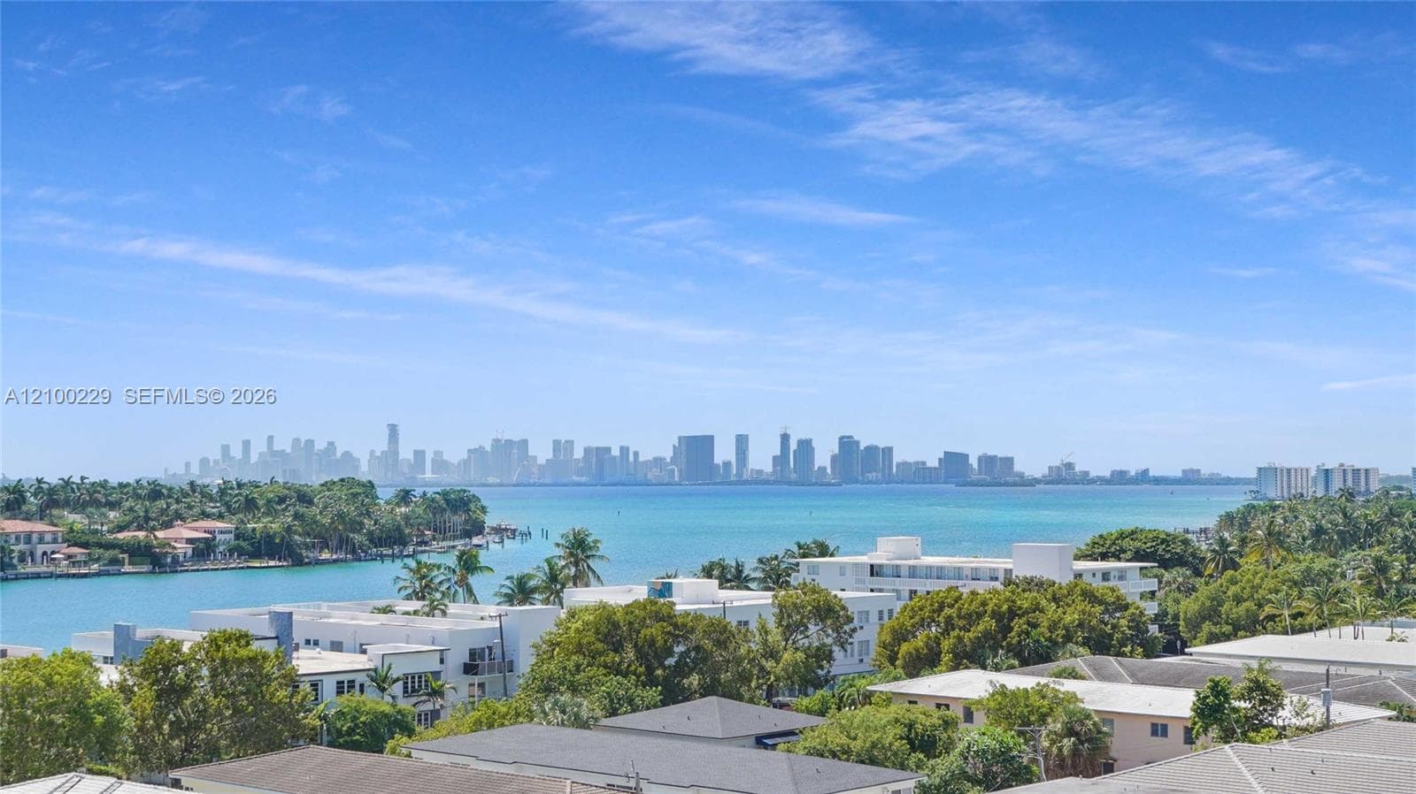 Panoramic water and city skyline outlook featuring coastal vegetation and residential surroundings