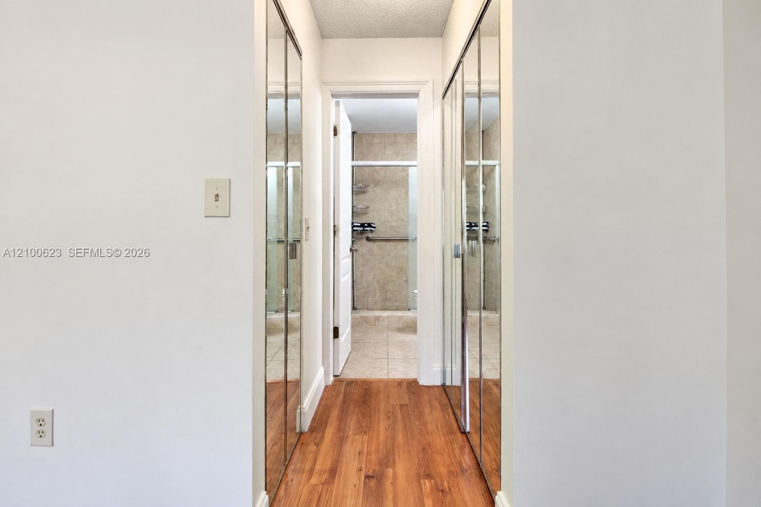 Wood-finish flooring, full-length mirrored closet doors, and a tiled bathroom with a walk-in shower enclosure