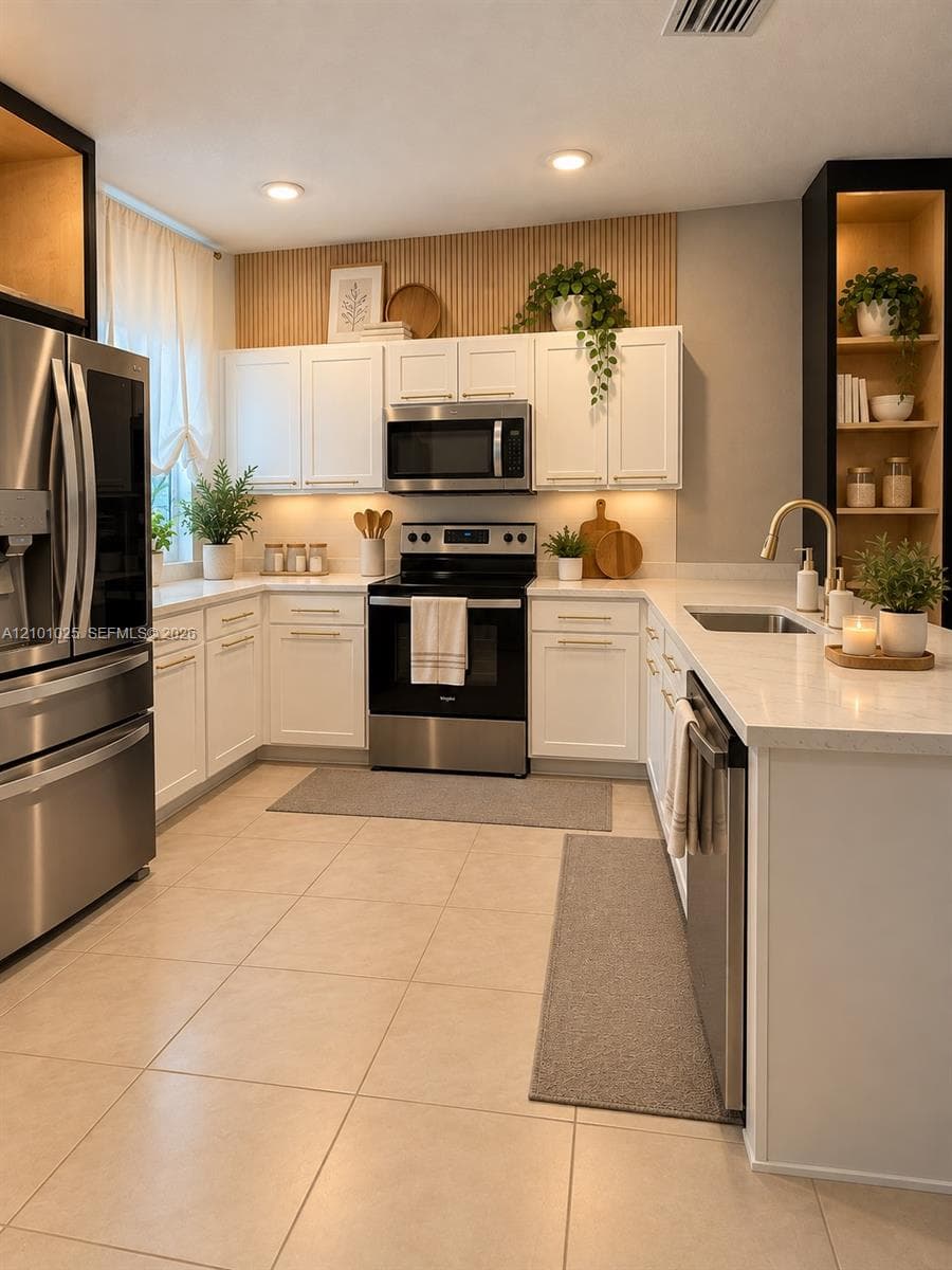 Kitchen featuring white shaker-style cabinetry, solid-surface countertops, stainless steel appliances, a wood-slat accent wall, and recessed lighting
