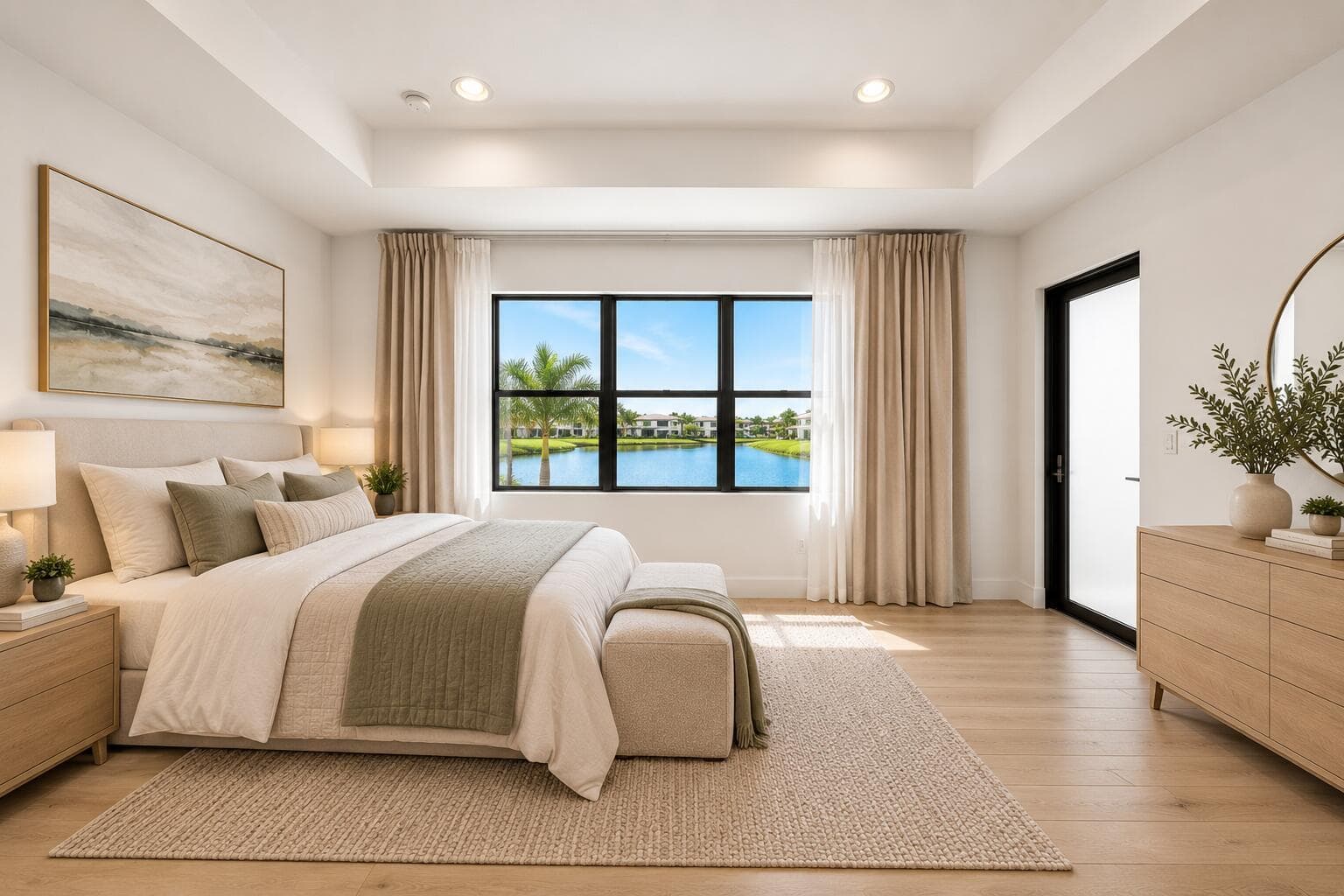 Airy Minimalist Bedroom with Lake View