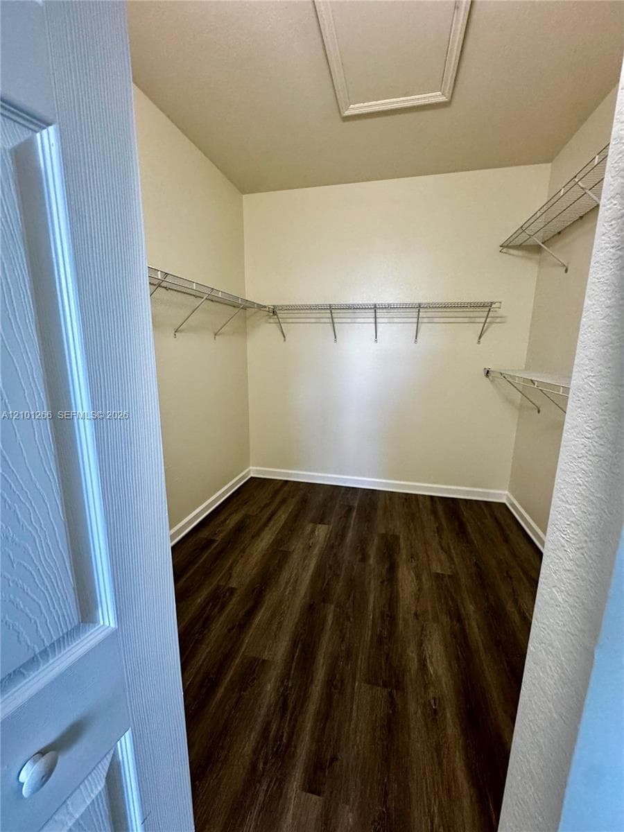 Walk-in storage space featuring wood-finish flooring and tiered wire shelving