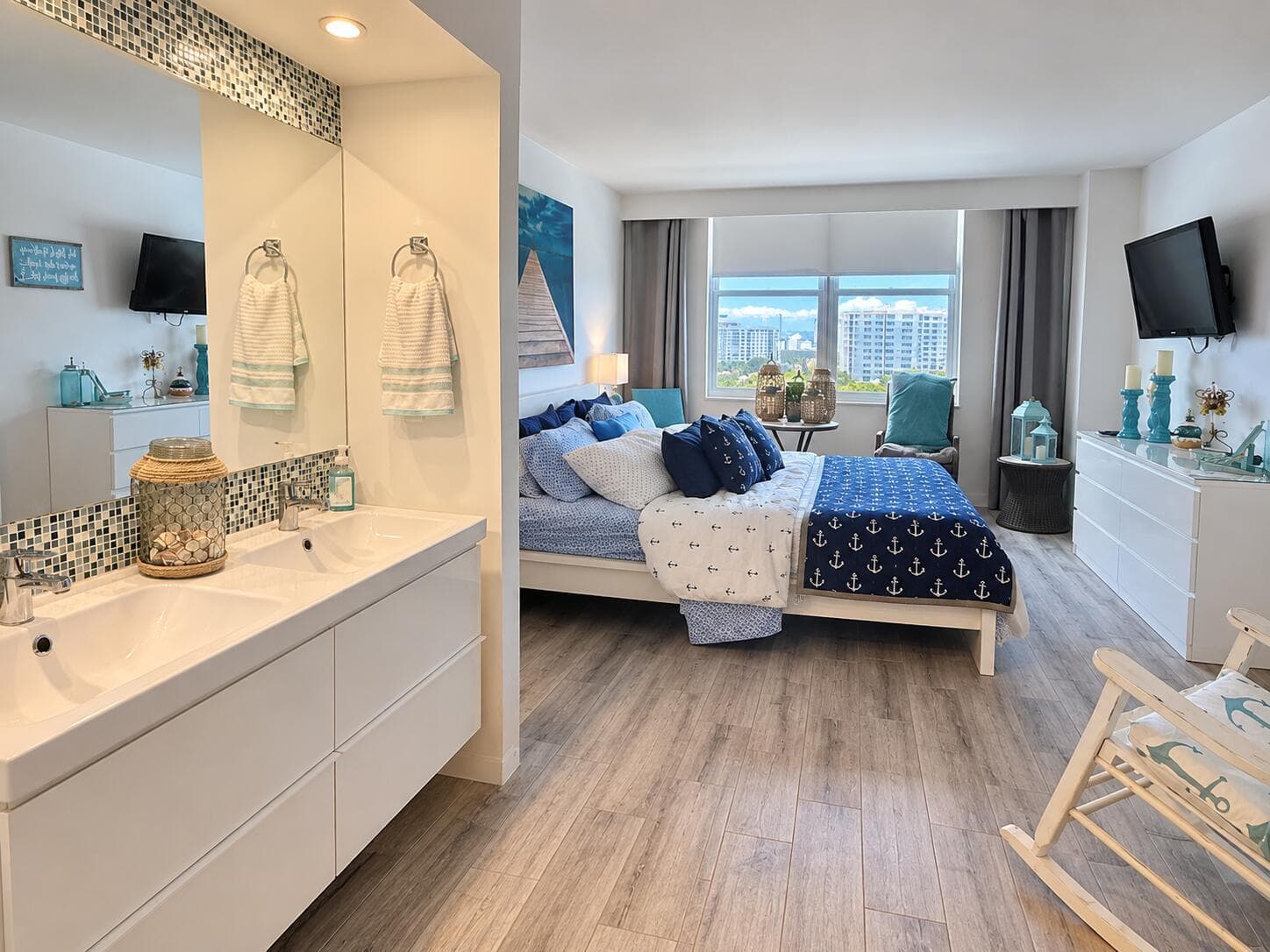 Bright Coastal Bedroom and Vanity Retrea