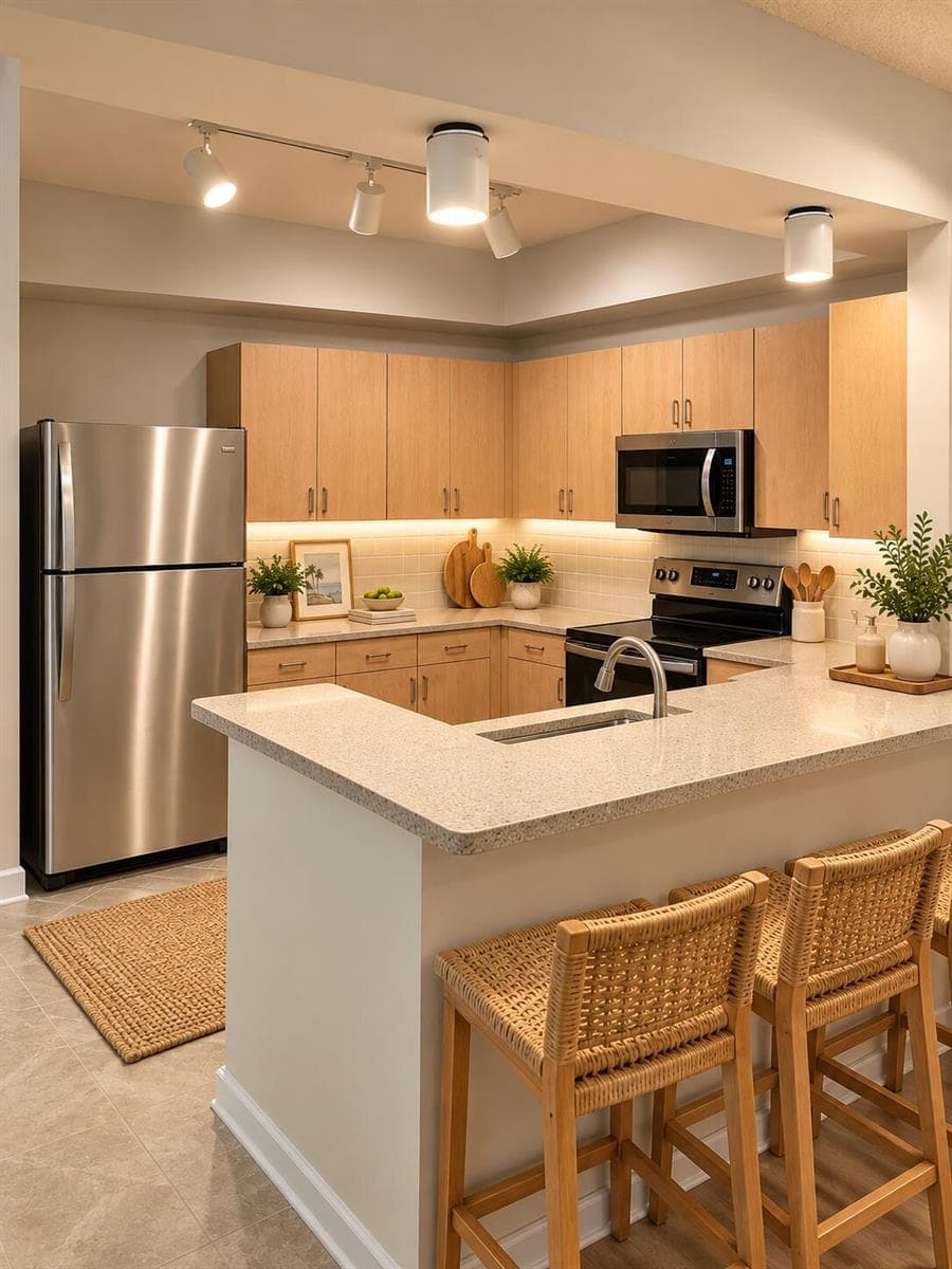 Warm Modern Kitchen with Woven Barstools