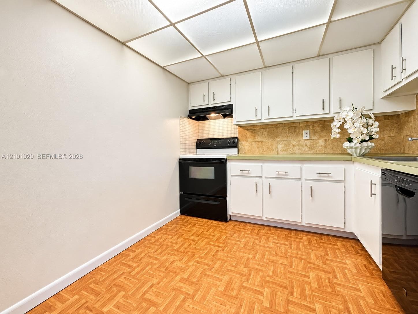 Kitchen featuring white cabinetry, wood-finish flooring, a patterned tile backsplash, and recessed ceiling lighting