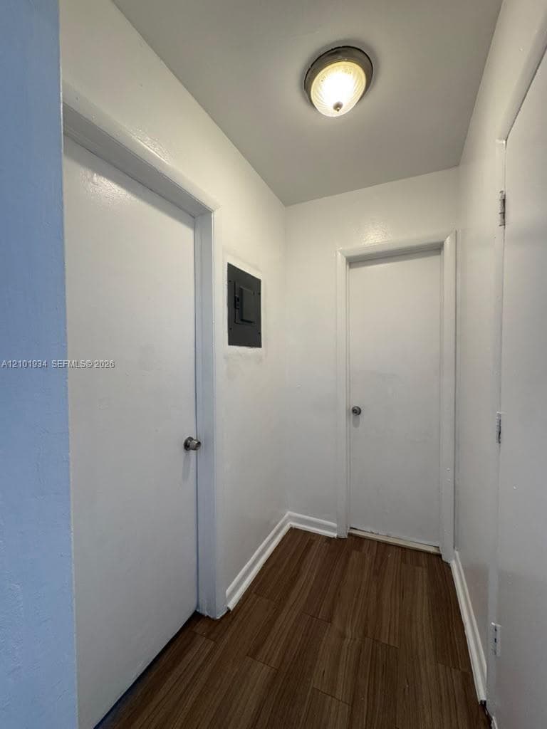 Interior hallway featuring wood-finish flooring, two solid-core doors with chrome-finish hardware, and a ceiling-mounted dome light fixture