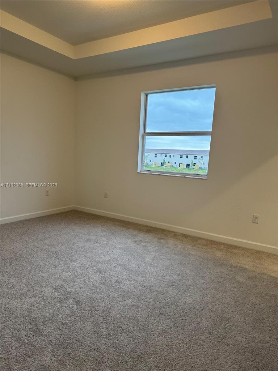 Room featuring a tray ceiling, neutral wall tones, and neutral-toned carpeting