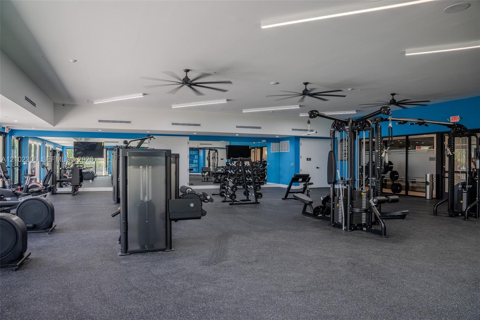 Fitness facility featuring rubberized flooring, linear LED lighting, multiple ceiling fans, and large-format glass partitions
