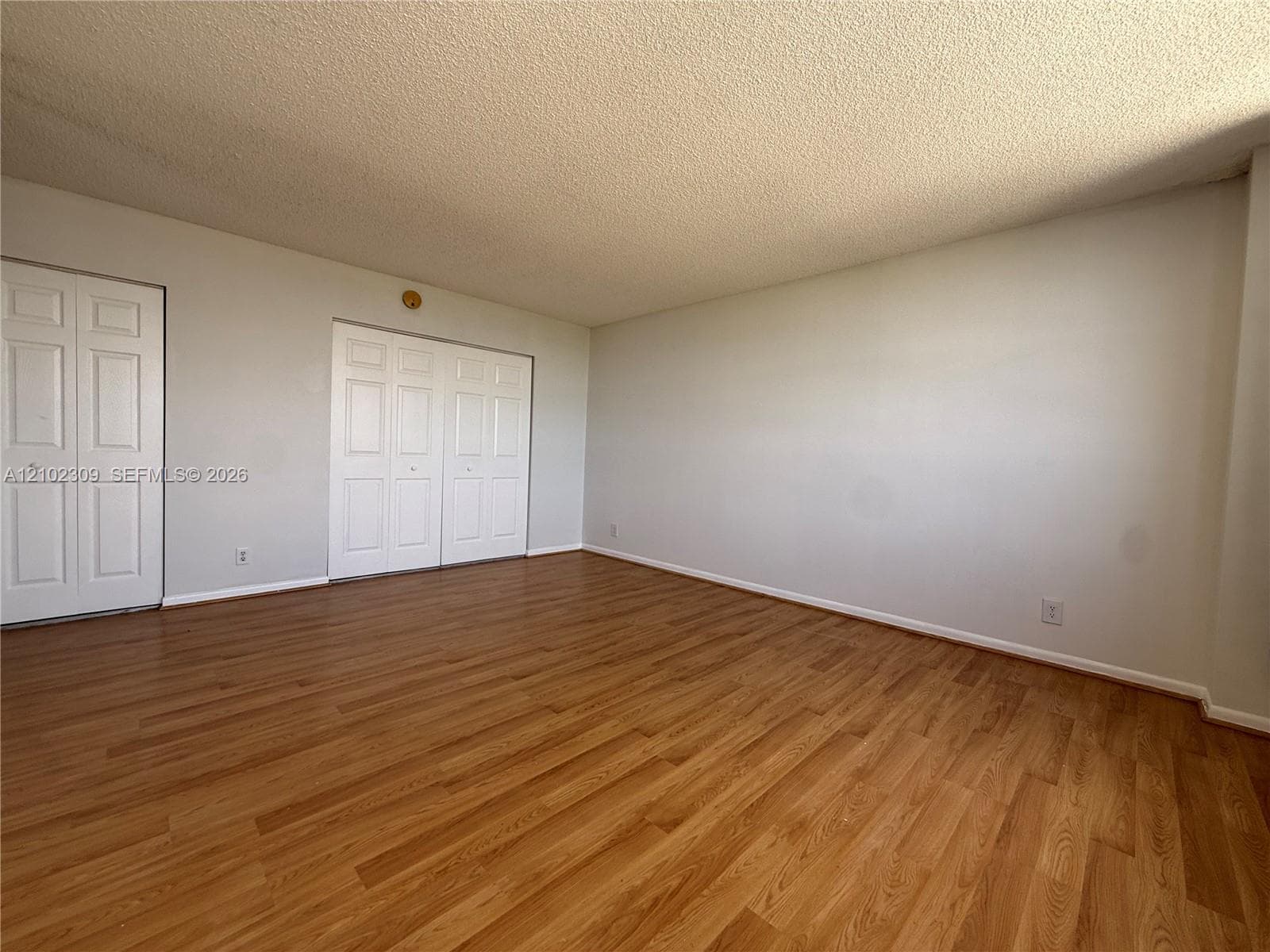 Neutral-toned interior space featuring wood-finish flooring and two sets of double-door closets