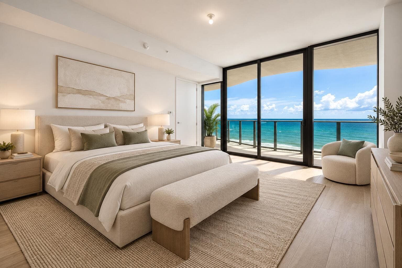 Ocean view primary bedroom, AI furniture