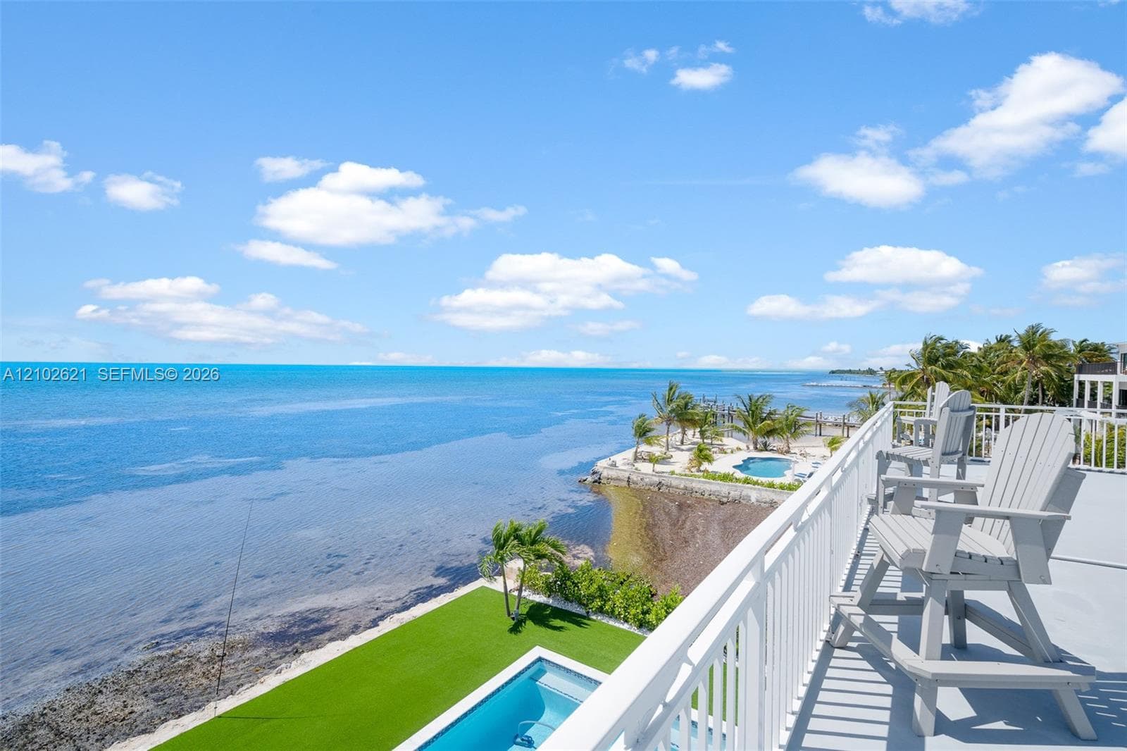Rooftop deck featuring a white railing and expansive water frontage