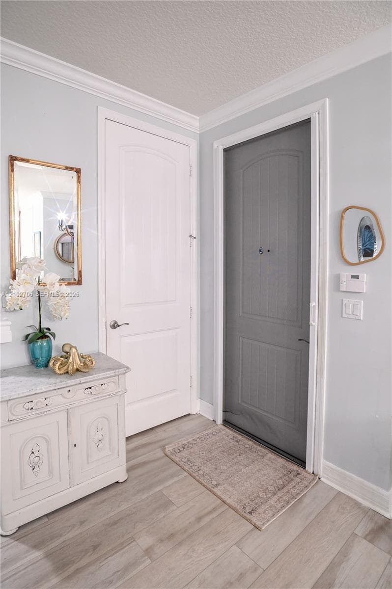 Entryway featuring light-toned wood-finish flooring, crown molding, a grey-painted arched-panel door, and a white six-panel door with brushed nickel hardware