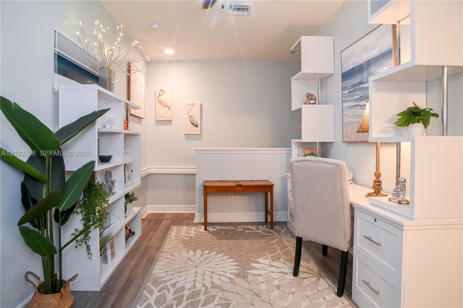 wood-finish flooring, and recessed ceiling lighting