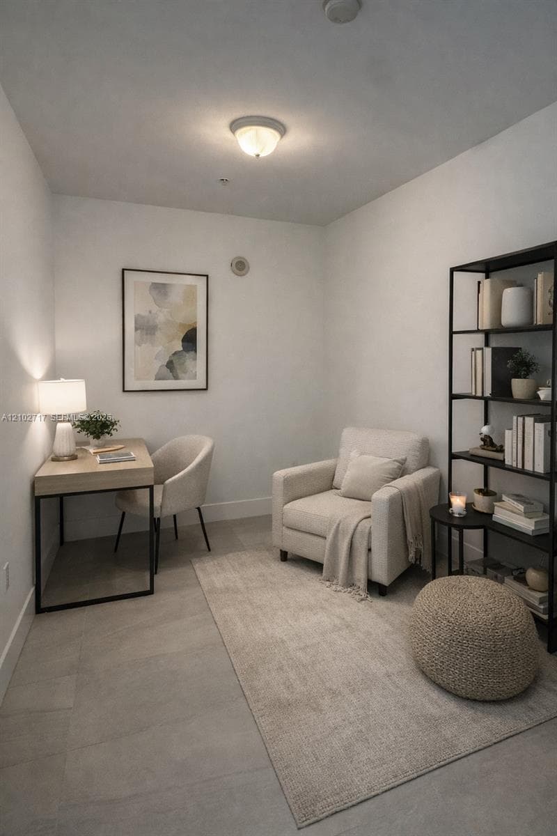 Neutral-toned ceramic tile flooring and ceiling-mounted dome light fixture