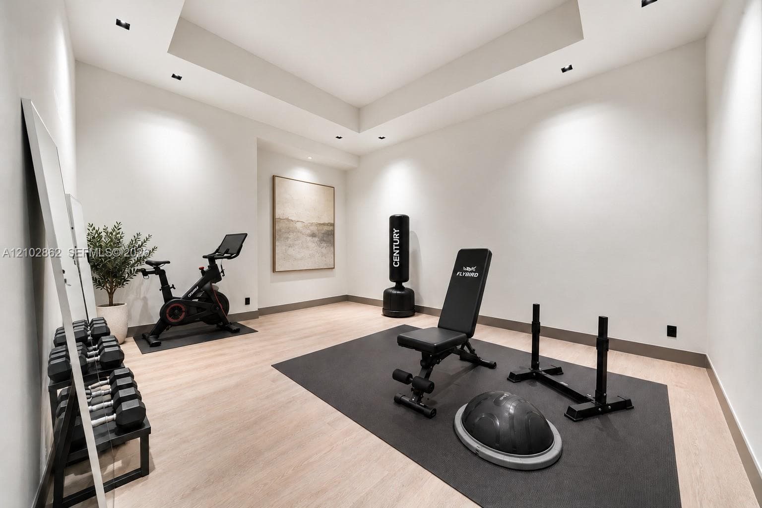Neutral interior room featuring wood-finish flooring, recessed ceiling lighting, and a recessed tray ceiling detail