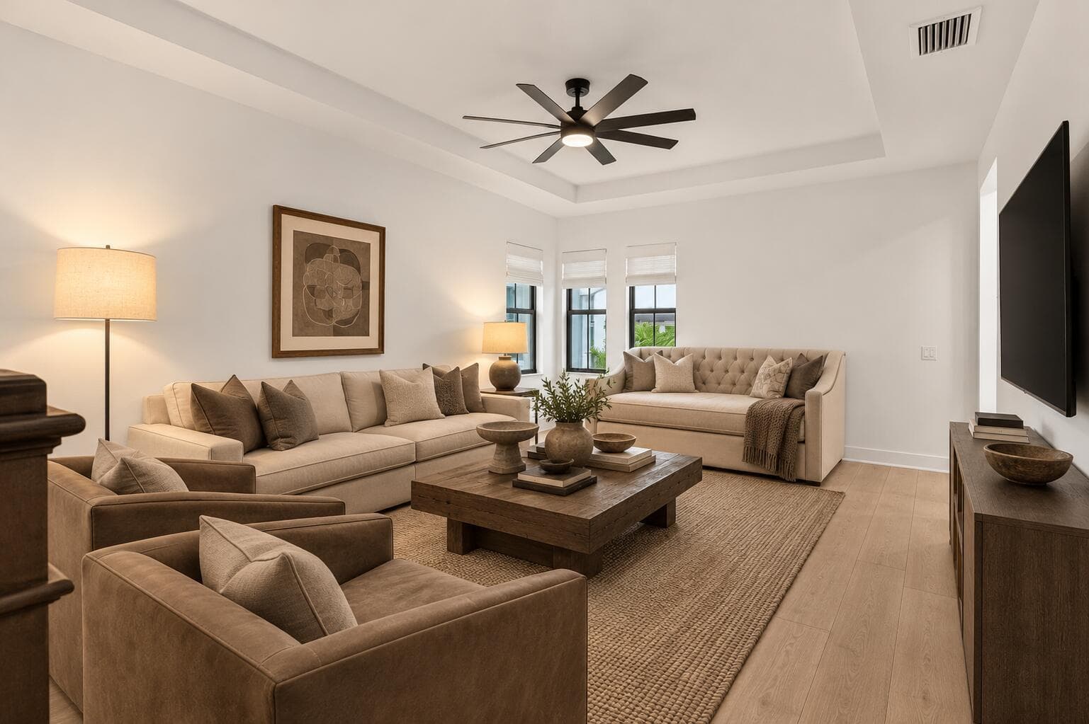 Warm Modern Media Loft Living Room