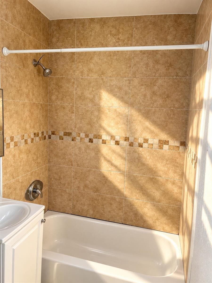 Sunlit Warm-Toned Tiled Bathtub Alcove