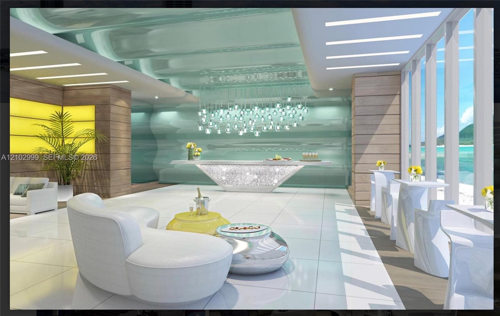 Spacious interior with polished floor tiles and a large window wall offering a scenic backdrop