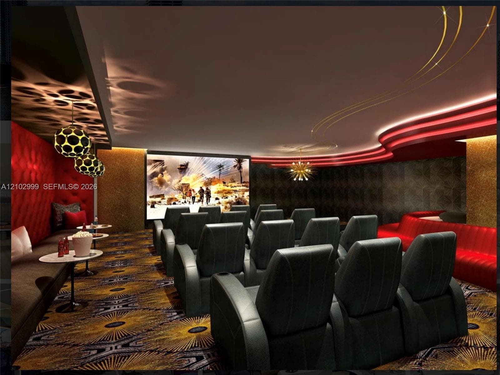 Dedicated theater space with layered ceiling details, plush seating, and a large projection screen