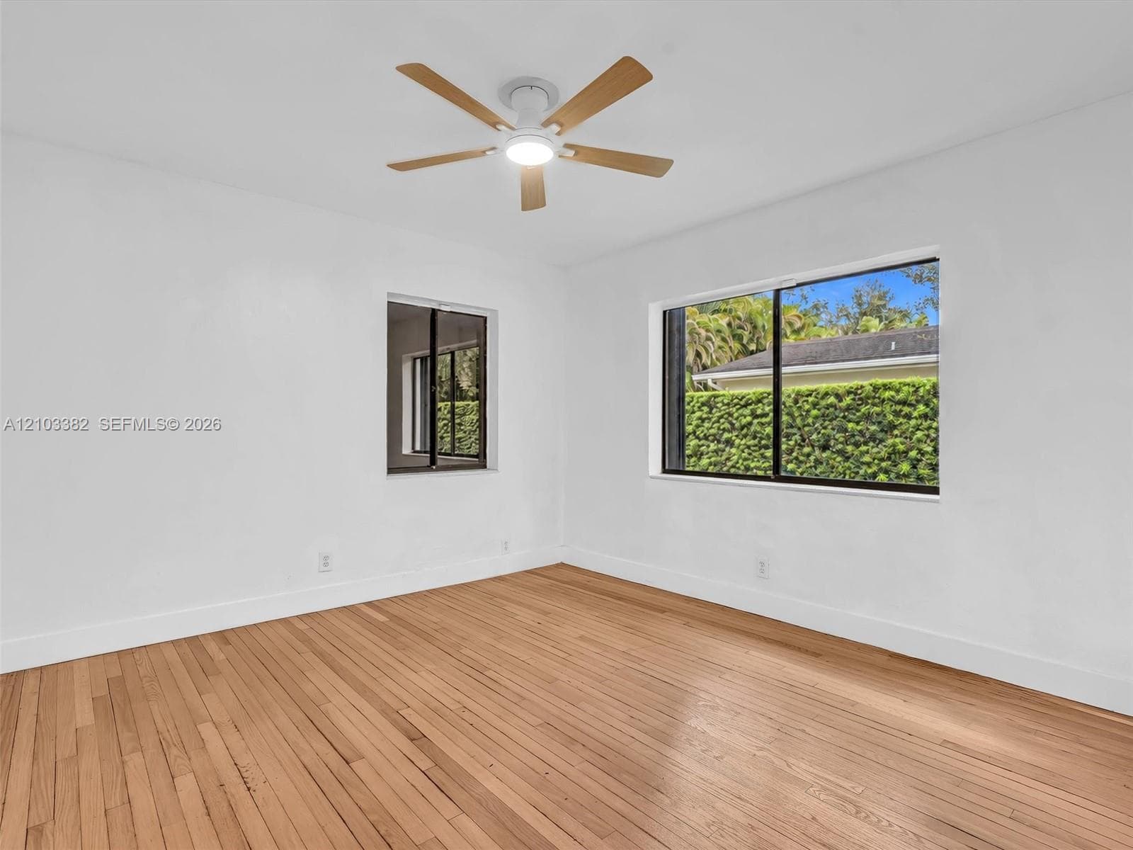 East rear bedroom. Wood-finish flooring, white walls, dual windows with black frames, and a ceiling-mounted fan with integrated lighting. House for rent in Coral Gables. House for rent listed by Realtor