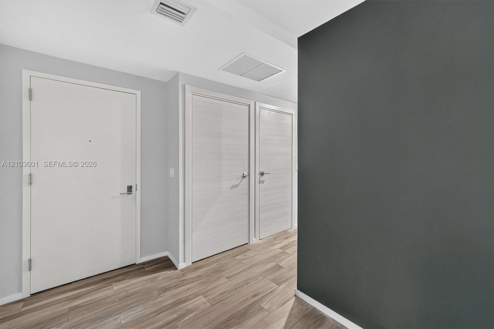 Neutral-toned interior featuring wood-finish flooring, two textured-finish doors, a contrasting dark-toned accent wall, and a solid white door with polished hardware