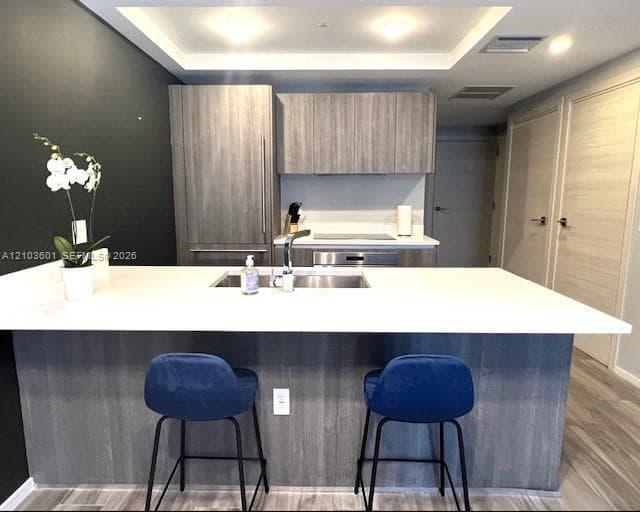 Wood-finish flooring, matte-finish charcoal wall, and cabinetry with light-finish wood surfaces