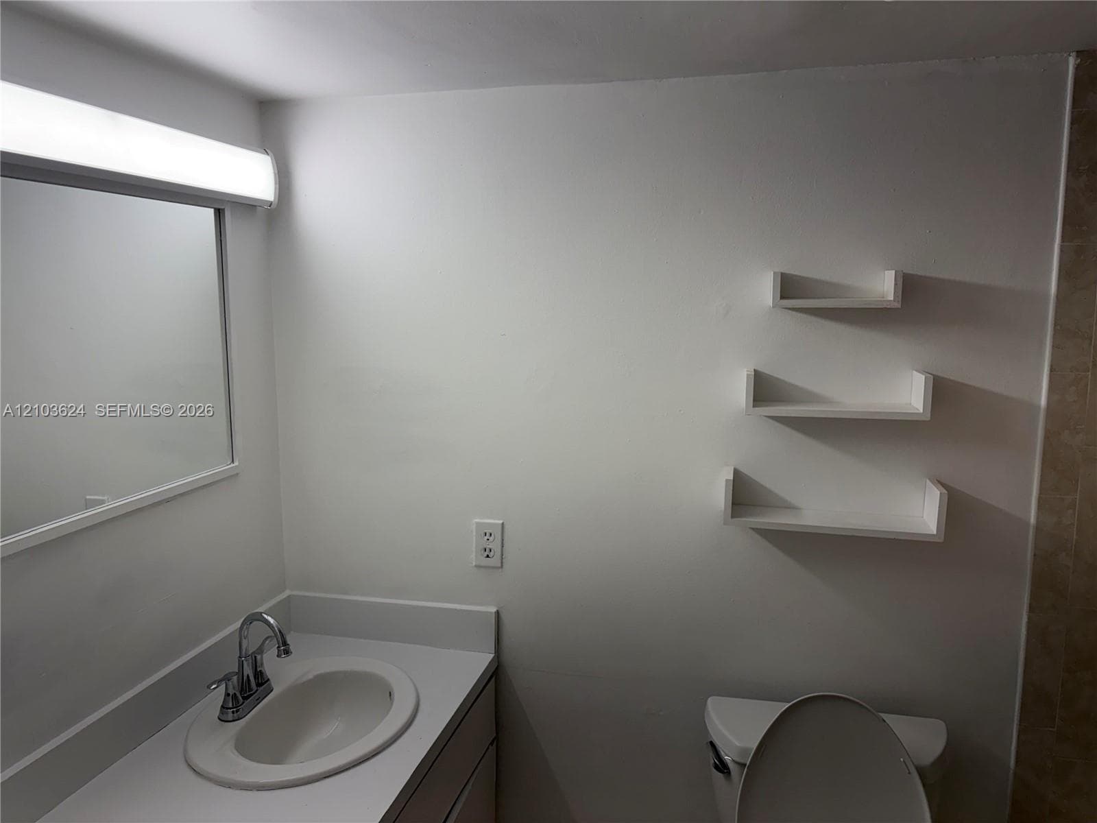 Bathroom vanity with an integrated sink and chrome faucet, rectangular wall-mounted mirror, overhead strip lighting, and built-in wall shelving