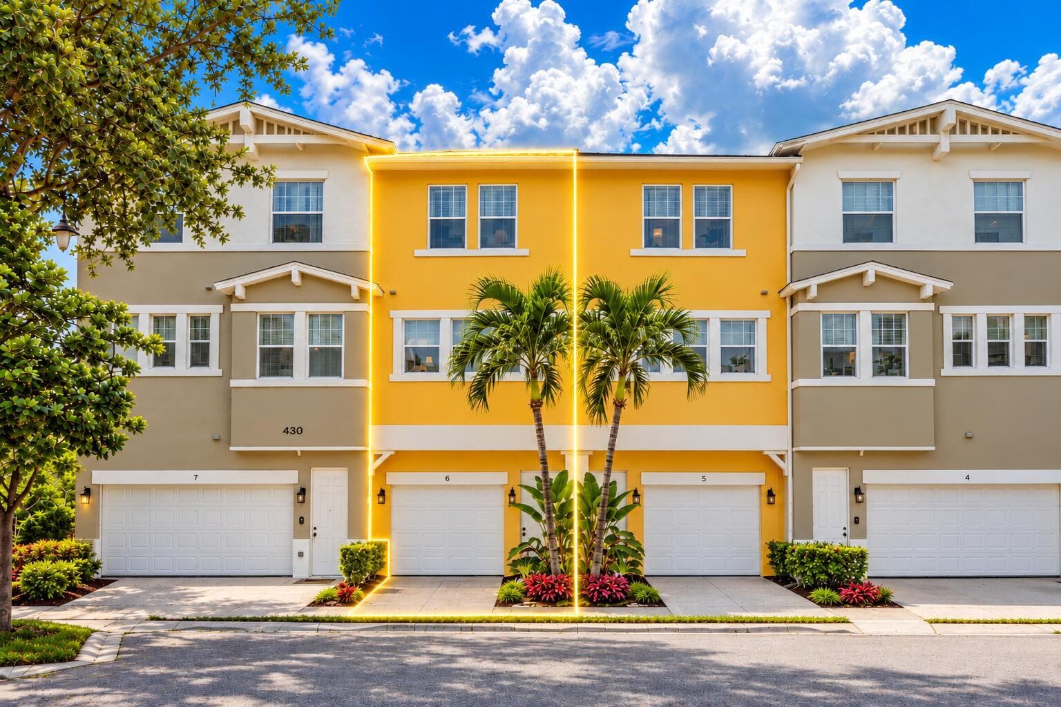 Back of the townhouse with 1 car garage