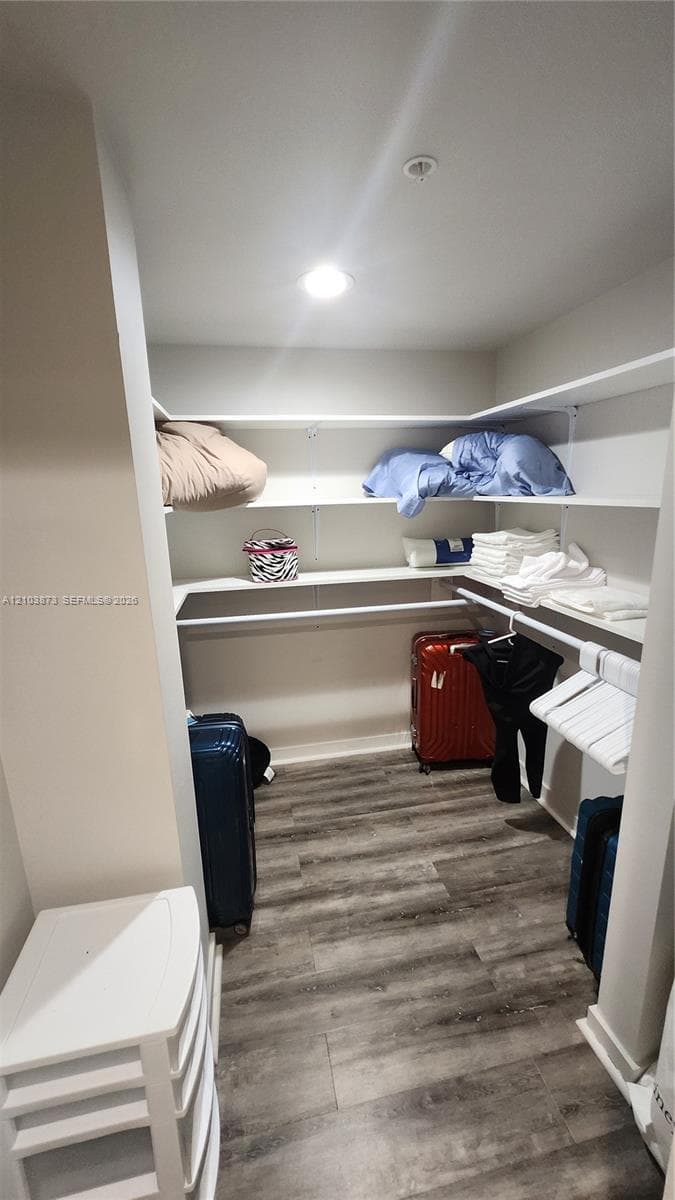 Walk-in closet featuring wood-finish flooring, white multi-tier shelving, and integrated hanging rods