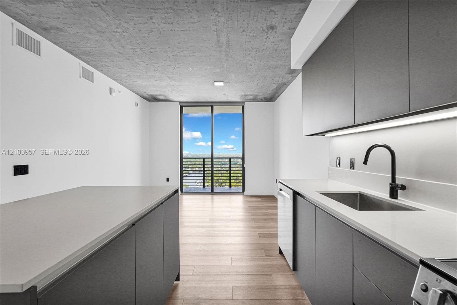 Exposed concrete ceiling, wood-finish flooring, full-height sliding glass doors, contemporary flat-panel cabinetry, and matte black kitchen faucet