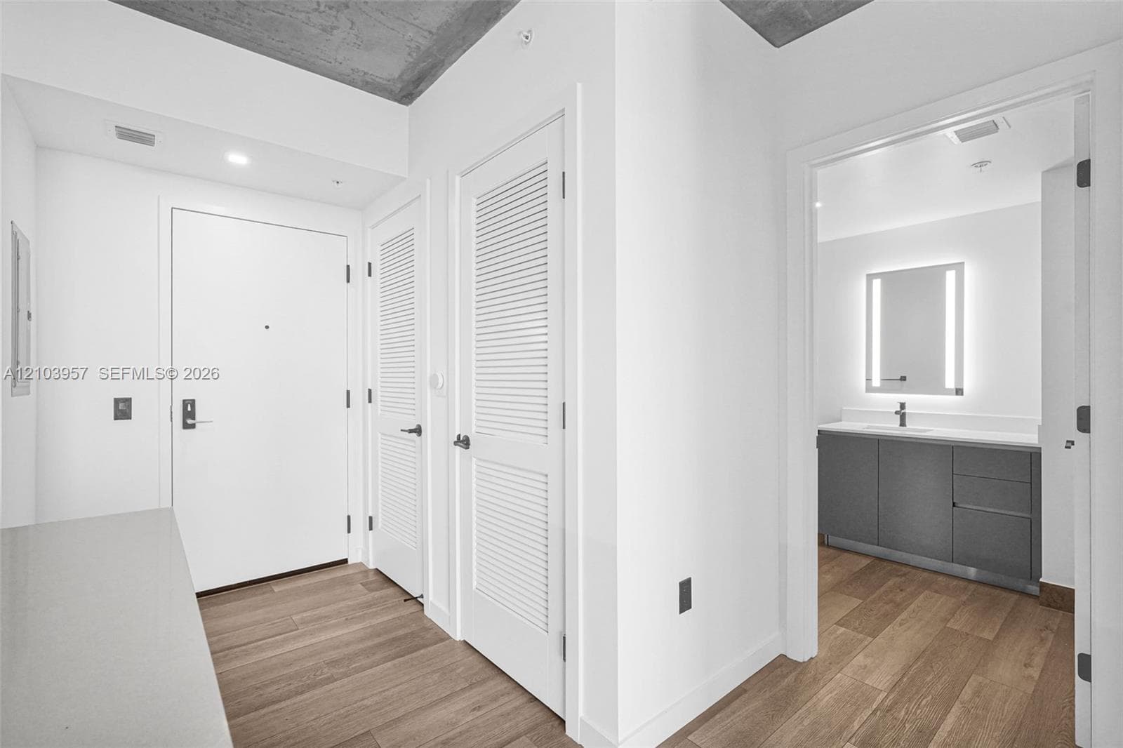 Wood-finish flooring throughout, white interior doors, and a bathroom featuring a modern vanity with a rectangular sink and an illuminated mirror