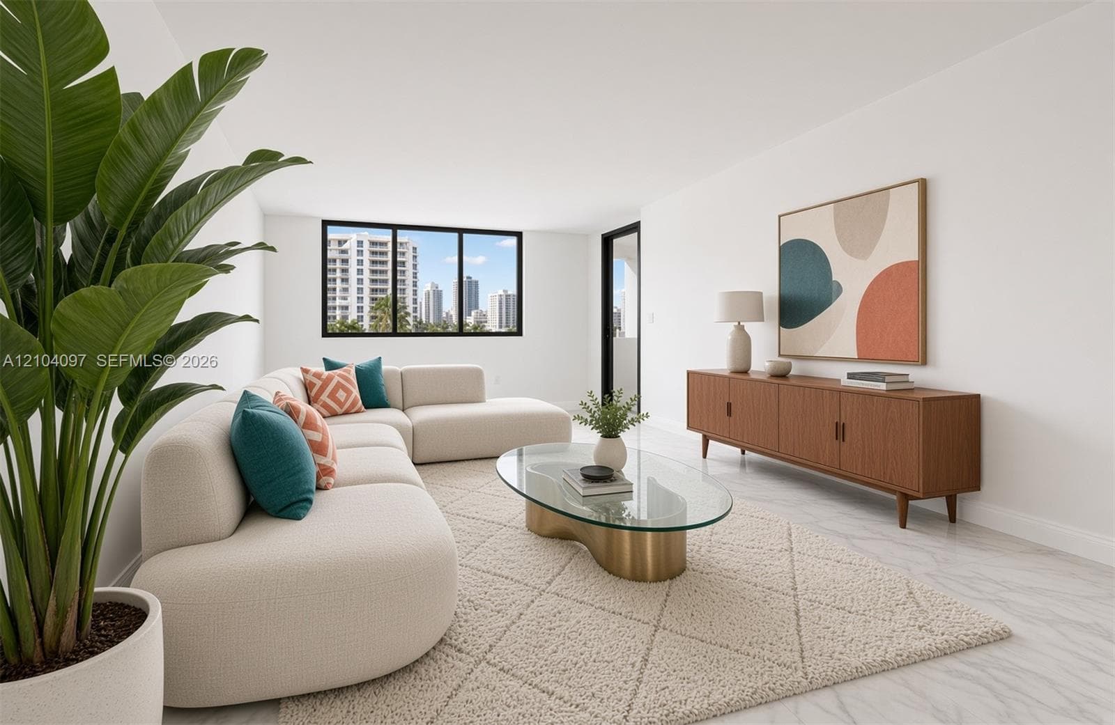 Neutral-toned interior featuring large-format tile flooring, expansive windows, and crisp white wall finishes