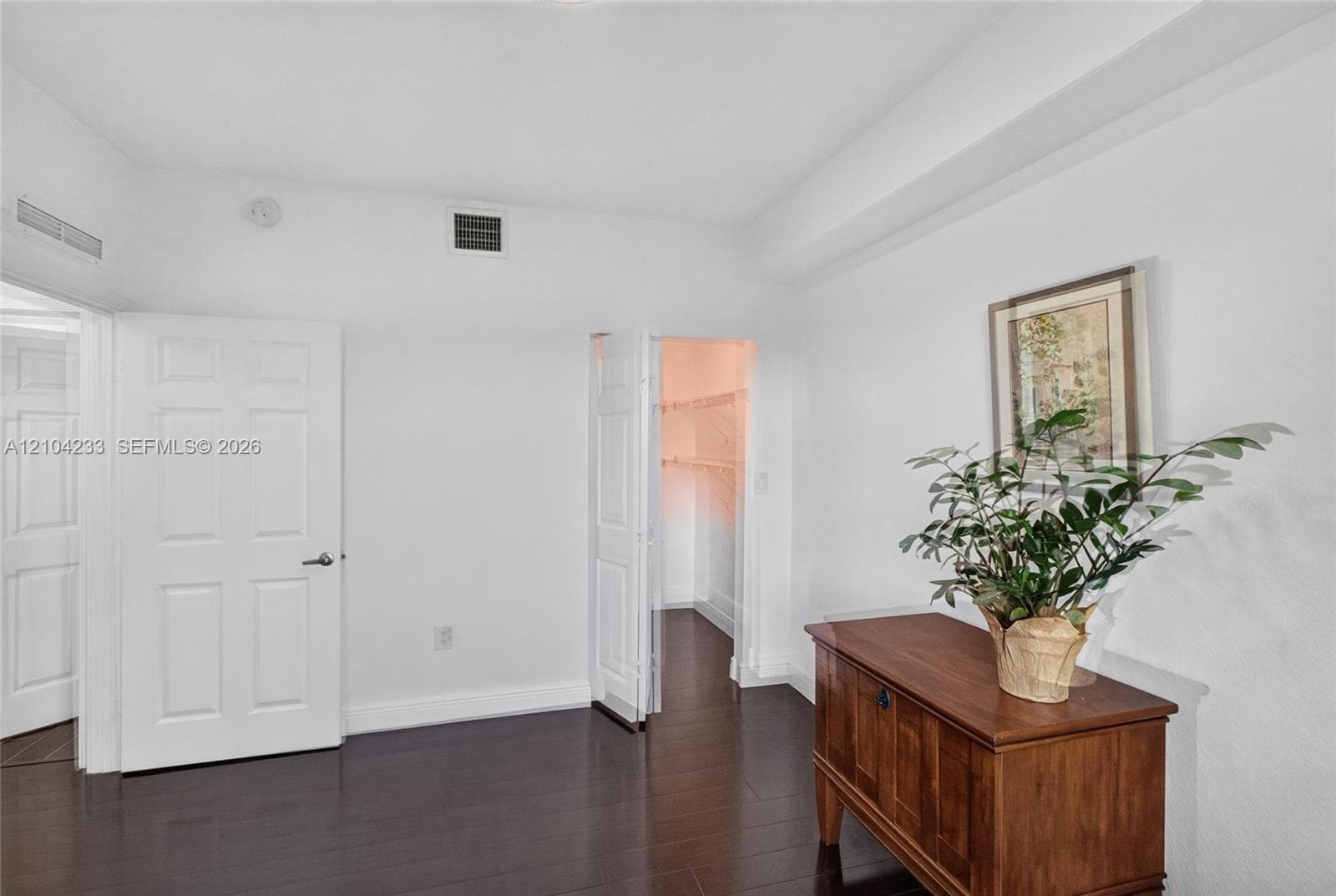 Room featuring wood-finish flooring, two six-panel doors, and an walk-in closet with built-in shelving