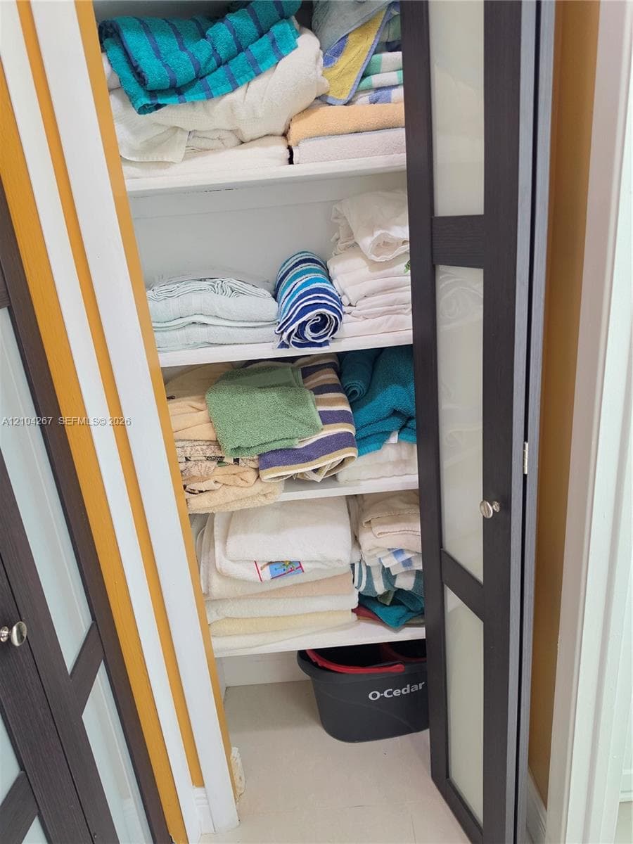 Storage closet featuring multi-level shelving and dark-finished wooden doors with frosted glass panels