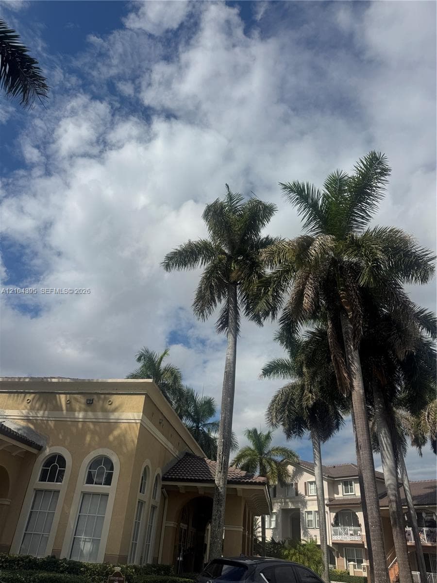 Stucco exterior featuring arched windows, tile roofing, and mature palm trees